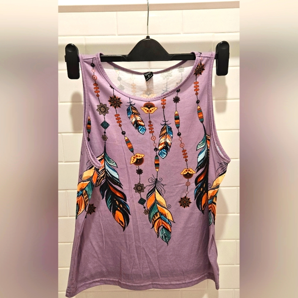 Purple feather graphic tank top